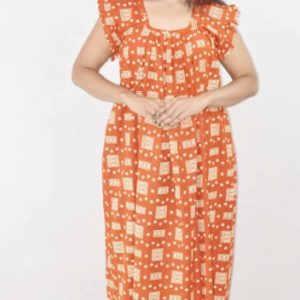 Orange Cotton Maxi Nighty Square Neck Short Sleeves with pleats