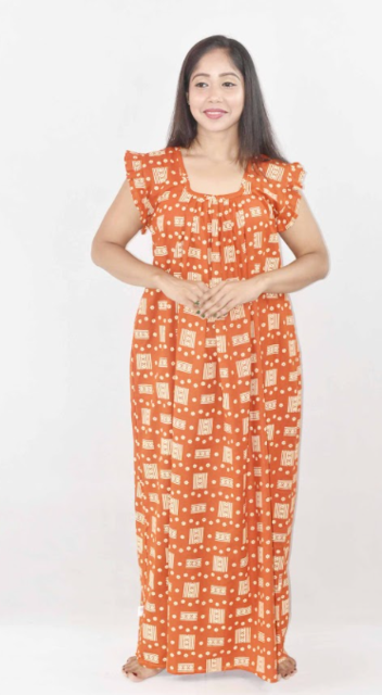 Orange Cotton Maxi Nighty Square Neck Short Sleeves with pleats