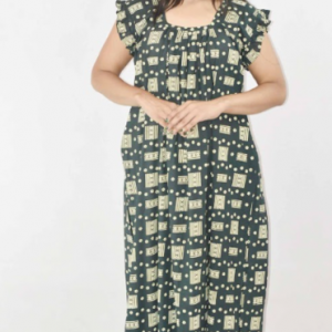 BDROX Green Cotton Maxi Nighty Square Neck Short Sleeves with pleats
