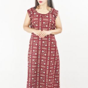 Maroon Cotton Maxi Nighty Round Neck & Sleeveless
