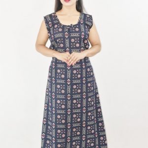 Navy Blue Cotton Maxi Nighty Round Neck & Sleeveless