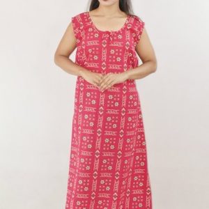 Pink Cotton Maxi Nighty Round Neck & Sleeveless