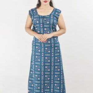 Blue Cotton Maxi Nighty Round Neck & Sleeveless