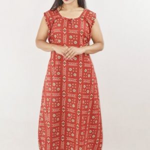 Red Cotton Maxi Nighty Round Neck & Sleeveless