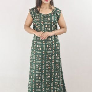 Green Cotton Maxi Nighty Round Neck & Sleeveless