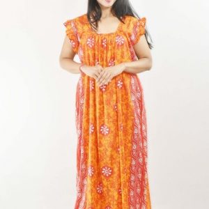 Yellow Maxi Nighty Square Neck Short Sleeves with pleats