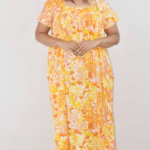 Yellow Cotton Maxi Nighty Square Neck Short Sleeves with Pipien