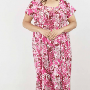 Pink Cotton Maxi Nighty Square Neck Short Sleeves with Pipien