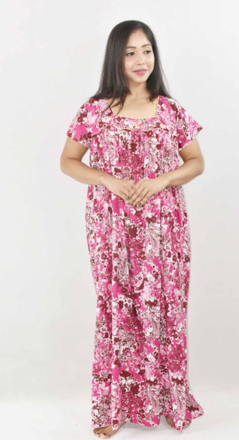 Pink Cotton Maxi Nighty Square Neck Short Sleeves with Pipien