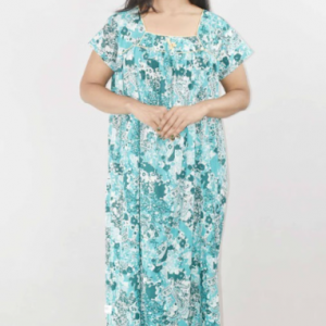 Blue Cotton Maxi Nighty Square Neck Short Sleeves with Pipien
