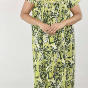 Green Cotton Maxi Nighty Square Neck Short Sleeves with Pipien