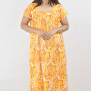 Yellow Cotton Maxi Nighty Square Neck Short Sleeves with Pipien