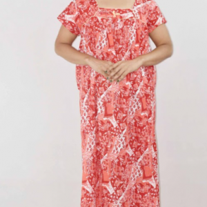 Red Cotton Maxi Nighty Square Neck Short Sleeves with Pipien