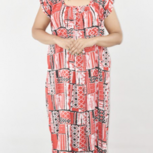 BDROX Red Cotton Maxi Nighty Square Neck Short Sleeves with pleats