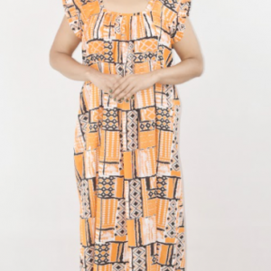 BDROX Yellow Cotton Maxi Nighty Square Neck Short Sleeves with pleats