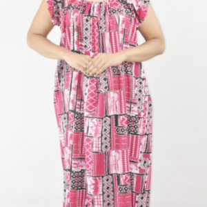 BDROX Pink Cotton Maxi Nighty Square Neck Short Sleeves with pleats