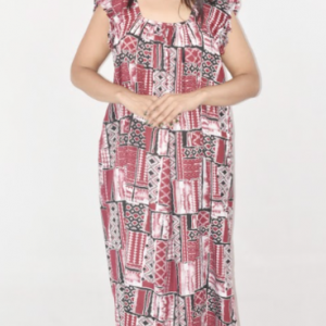 BDROX Maroon Cotton Maxi Nighty Square Neck Short Sleeves with pleats