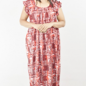 BDROX Red Cotton Maxi Nighty Square Neck Short Sleeves with pleats