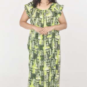 BDROX Green Cotton Maxi Nighty Square Neck Short Sleeves with pleats