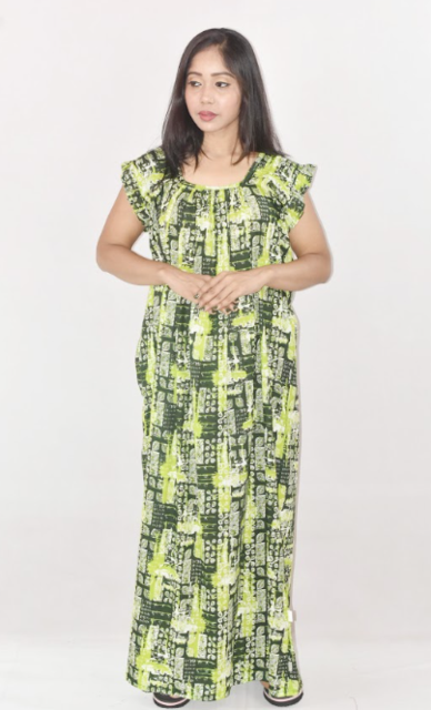 BDROX Green Cotton Maxi Nighty Square Neck Short Sleeves with pleats