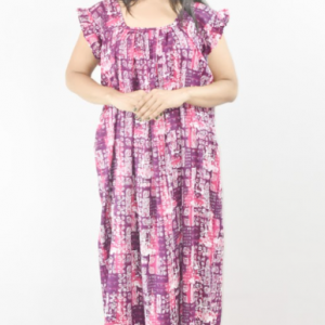 Cotton Maxi Nighty Square Neck Short Sleeves with pleats
