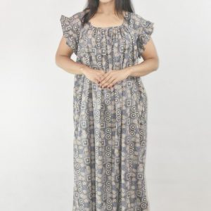 BDROX Gray Cotton Maxi Nighty Square Neck Short Sleeves with pleats