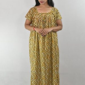 BDROX Green Cotton Maxi Nighty Square Neck Short Sleeves with Pipien