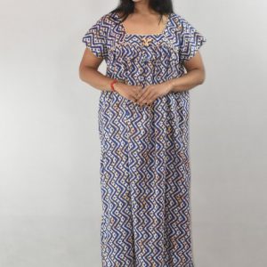 Blue Cotton Maxi Nighty Square Neck Short Sleeves with Pipien