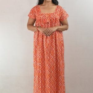 Red Cotton Maxi Nighty Square Neck Short Sleeves with Pipien