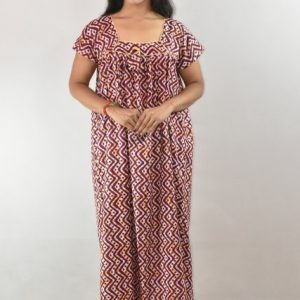 Maroon Cotton Maxi Nighty Square Neck Short Sleeves with Pipien