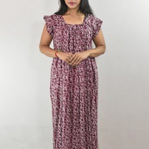 Maroon Cotton Maxi Nighty Square Neck Short Sleeves with Pipien