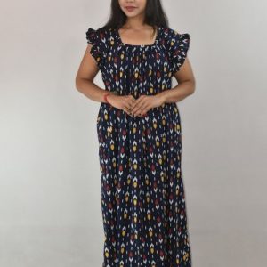 BDROX Blue Cotton Maxi Nighty Square Neck Short Sleeves with pleats