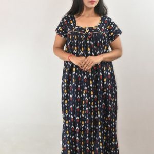 BDROX Blue Cotton Maxi Nighty Square Neck Short Sleeves with Pipien