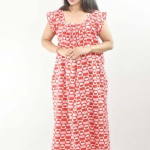BDROX Red Maxi Nighty Square Neck Short Sleeves with pleats