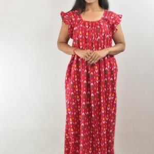 BDROX Pink Maxi Nighty Square Neck Short Sleeves with pleats
