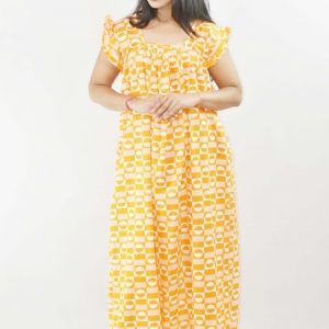 Yellow Maxi Nighty Square Neck Short Sleeves with pleats