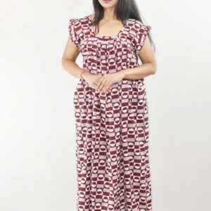 Maroon Maxi Nighty Square Neck Short Sleeves with pleats