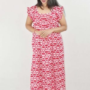 Pink Maxi Nighty Square Neck Short Sleeves with pleats