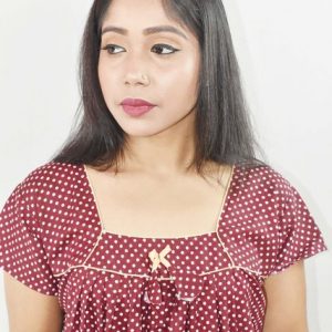 Maroon Maxi Nighty Square Neck Short Sleeves with Pipien