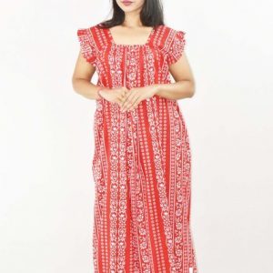 BDROX Red Maxi Nighty Square Neck Short Sleeves with pleats