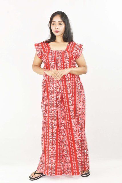 BDROX Red Maxi Nighty Square Neck Short Sleeves with pleats