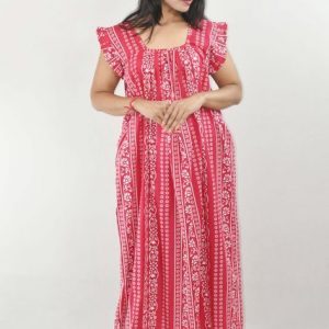 Pink Maxi Nighty Square Neck Short Sleeves with pleats