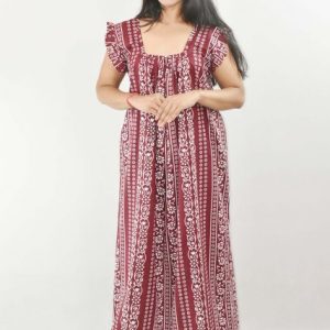 Maroon Maxi Nighty Square Neck Short Sleeves with pleats