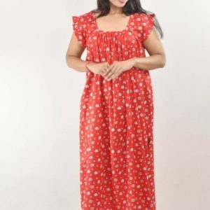 BDROX Red Maxi Nighty Square Neck Short Sleeves with pleats
