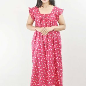 Pink Maxi Nighty Square Neck Short Sleeves with pleats