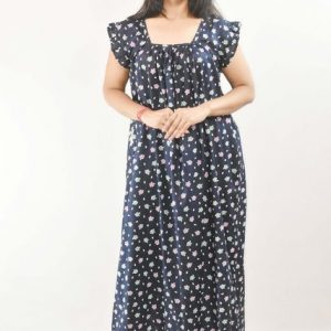 Blue Maxi Nighty Square Neck Short Sleeves with pleats