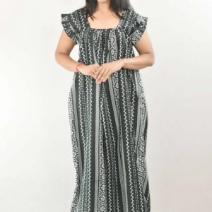 Green Maxi Nighty Square Neck Short Sleeves with pleats