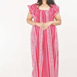 Pink Maxi Nighty Square Neck Short Sleeves with pleats