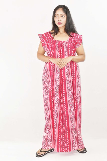 Pink Maxi Nighty Square Neck Short Sleeves with pleats