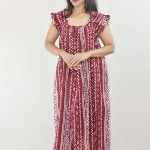 Maroon Maxi Nighty Square Neck Short Sleeves with pleats